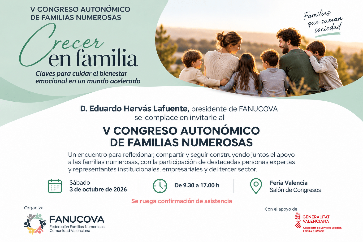 Cartel del V Congreso Autonómico de Familias Numerosas de Fanucova, el 3 de octubre de 2026 en Feria Valencia