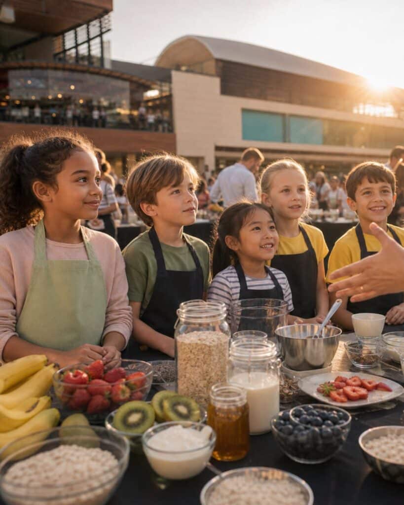 Niños con delantal en un taller de cocina del Centro Comercial Bonaire
