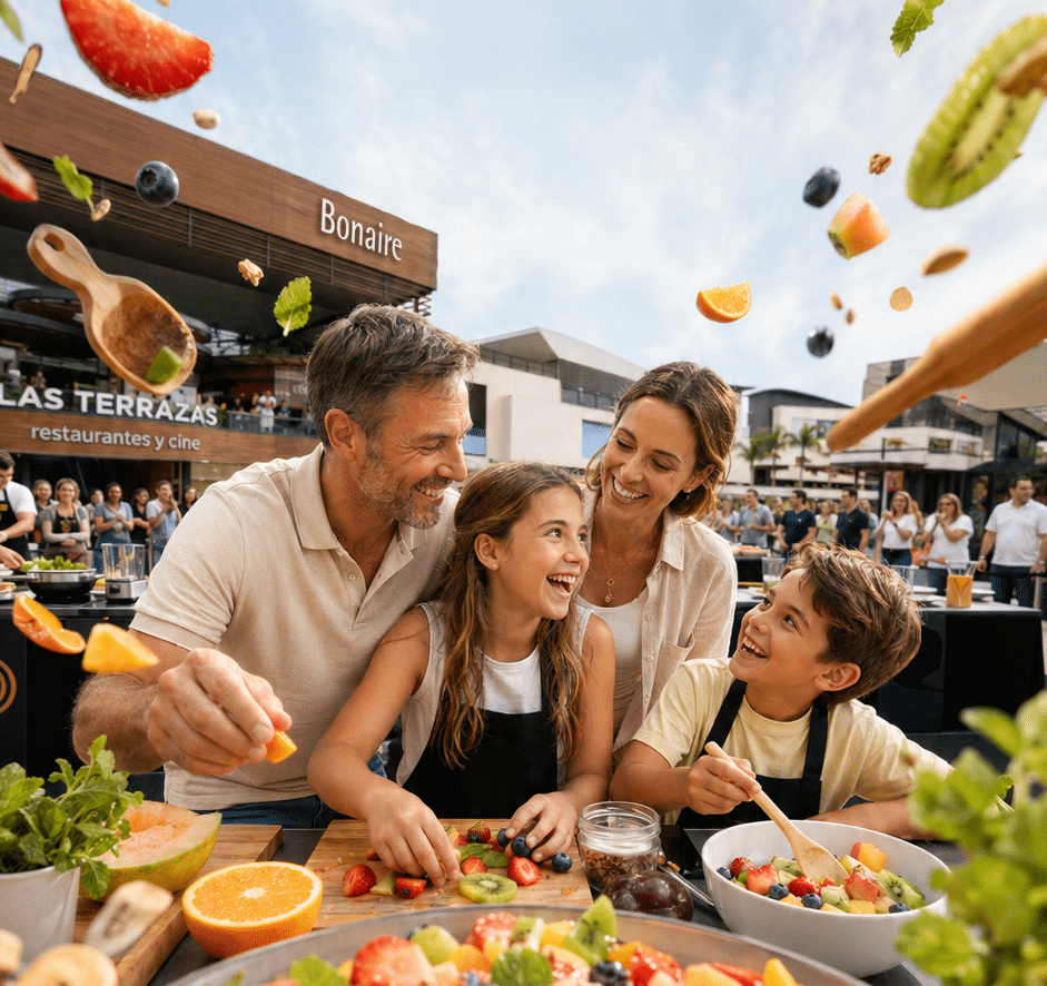 Centro Comercial Bonaire: talleres de cocina para niños, tiendas, cine y planes en familia 2 Familia preparando una ensalada de frutas en las terrazas del Centro Comercial Bonaire