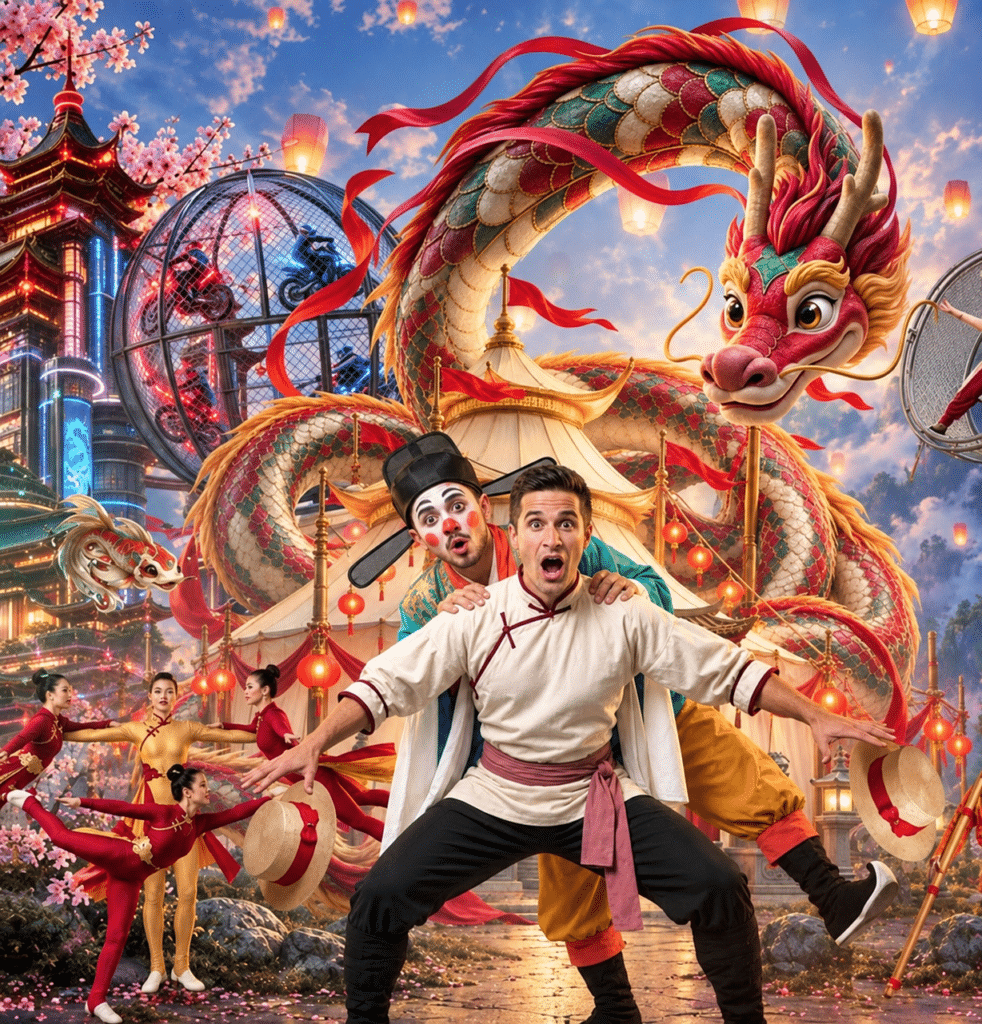 Cartel de Tesoros de Asia del Gran Circo WOW con un dragón chino, los personajes Yin y Yang y la esfera de motos