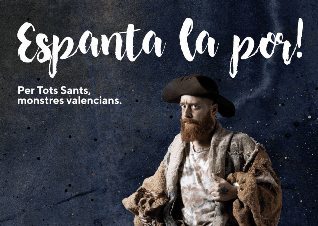 Cartel de Espanta la por! en L'ETNO, con un personaje caracterizado de monstruo valenciano