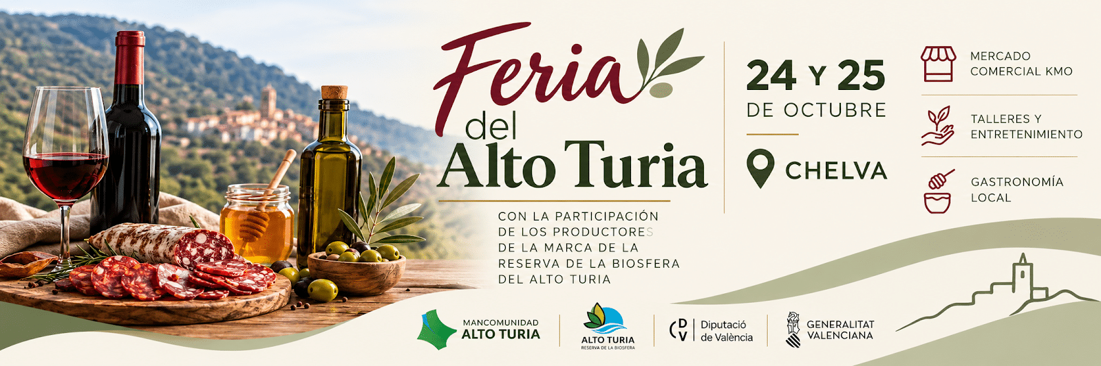 Cartel horizontal de la Feria del Alto Turia en Chelva con productos de la Reserva de la Biosfera y vista del pueblo