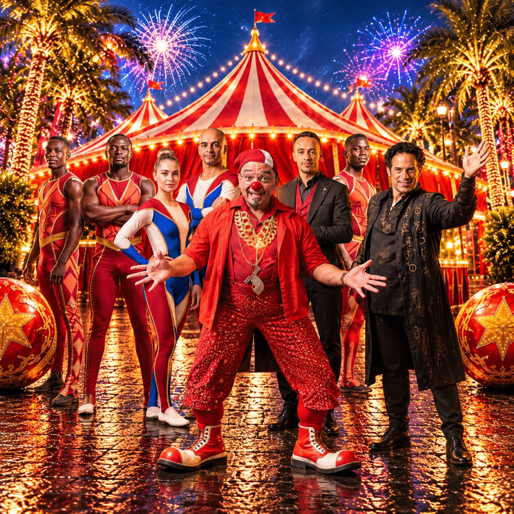 Artistas de Circo Bonaire con el clown Tornillo en el centro, delante de una carpa roja y blanca iluminada de noche